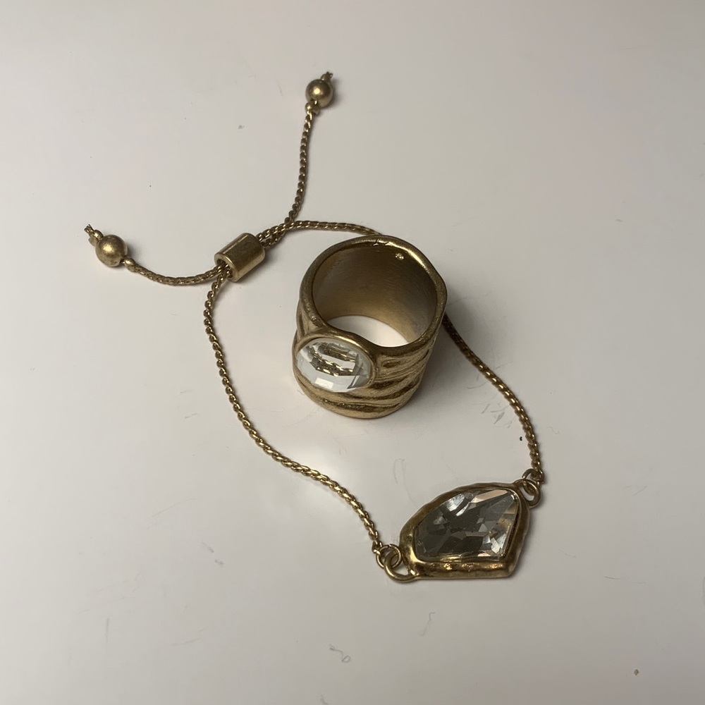 Gold Tone Ring Sz 7 and Bracelet Set with Clear Gemstones
